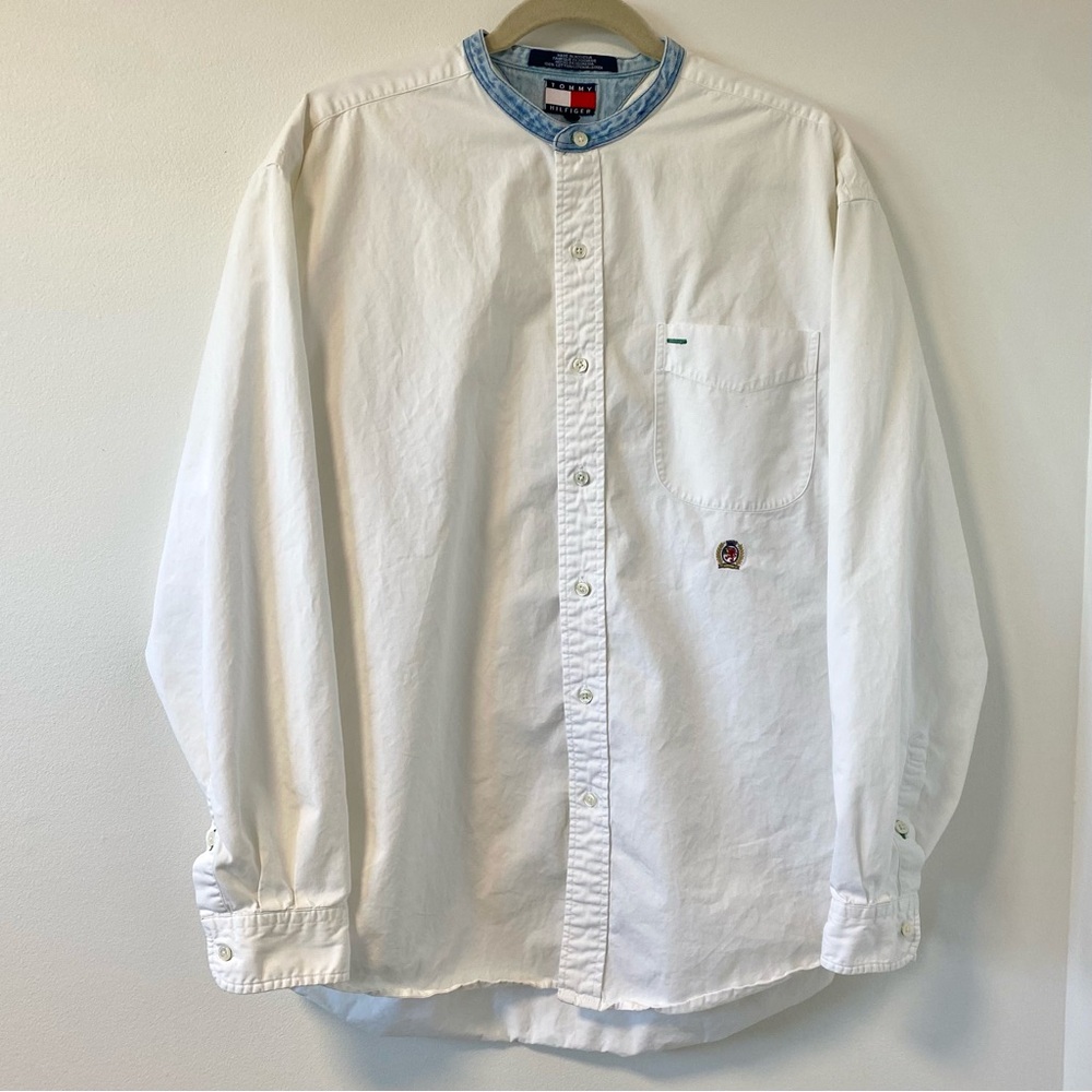 90s Vintage Tommy Hilfiger Embroidered Crest Button Up Mandarin Collar Denim